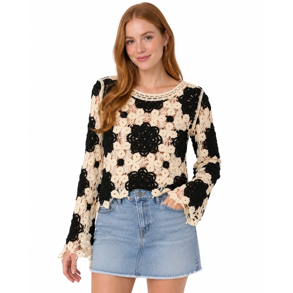 CLOTH & DESIGN Black Ivory Floral Crochet Open Knit Boho Top Size L